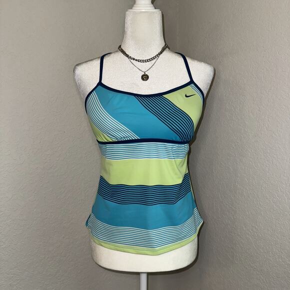 Nike Tankini Women's 8 Blue Green Striped Padded Stretch Racerback Swimwear - Picture 1 of 7